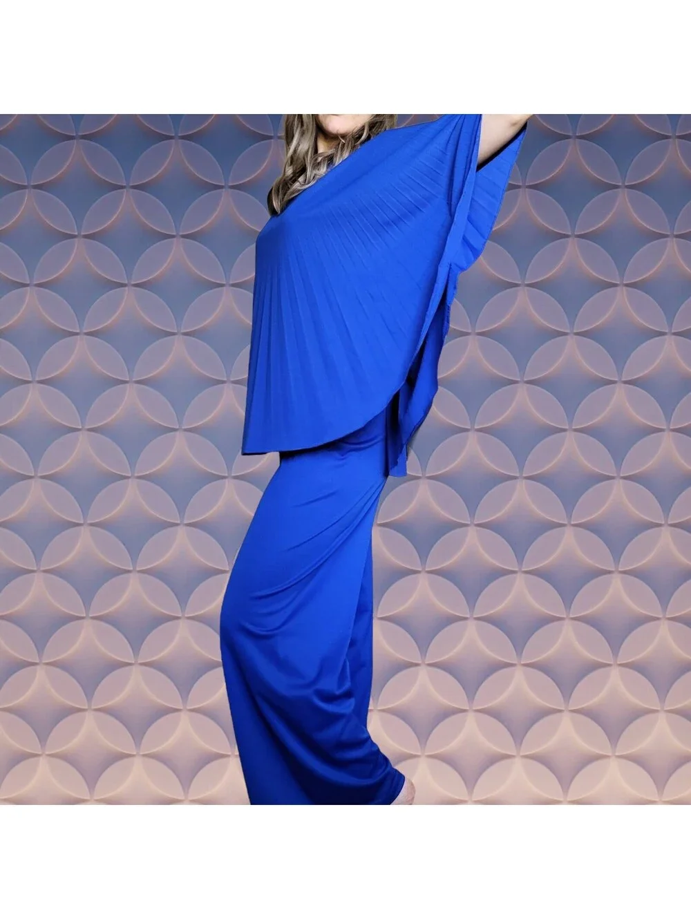 Vintage 70's Disco Bat Wing Blouse Blue 2 Pc Set Top Pants Accordian Pleat M L